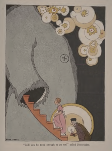 Illustration of Marie ascending stairs to enter the sleeve of her fathers coat by Emma L. Brock for The Nutcracker and the Mouse-king (1930)