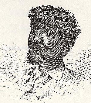 Black and white sketch of the bust of a man.  His features are darkly shaded.  He has dark curly hair and a goatee.