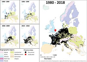 Nutria (Coypu) occurrence records from 1980 to 2018 in Europe