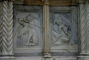 Perugia - Fontana Maggiore - 7 - Esopo (gru e lupo & lupo e agnello) - Foto G. Dall'Orto 5 ago 2006