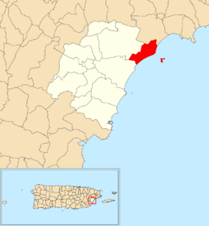 Location of Punta Santiago within the municipality of Humacao shown in red