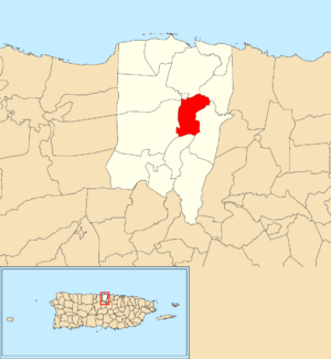 Location of Río Abajo within the municipality of Vega Baja shown in red