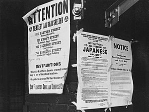 San Francisco, California. On a brick wall beside air raid shelter poster, exclusion orders were po . . . - NARA - 536018