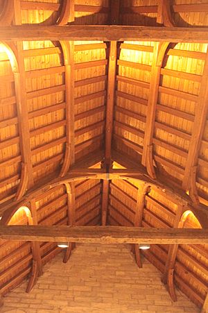 Saxon style timber roof structure inside St Aidan's Church in Bamburgh