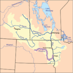 Map of the Red River drainage basin, with the Sheyenne River highlighted