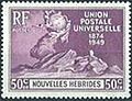 The New Hebrides Condominium 1949 Mi 140 stamp (75th anniversary of the UPU. UPU Monument, Bern, Switzerland)