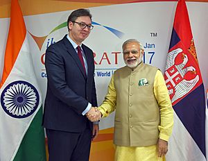The Prime Minister, Shri Narendra Modi holding 2nd bilateral meeting with the Prime Minister of Serbia, Mr. Aleksandar Vucic, on the sidelines of the Vibrant Gujarat Global Summit 2017, in Gandhinagar, Gujarat