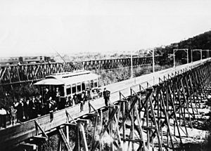 View of the first electric car over Arroyo Seco near the Cawston ostrich farm on March 7, 1895. Pasadena and Los Angeles Railway Co
