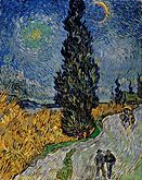  A painting of a large cypress tree, on the side of a road, with two people walking, a wagon and horse behind them, and a green house in the background, under an intense starry sky.
