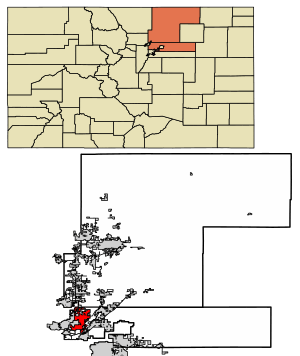Location of the City of Thornton in Adams and Weld counties, Colorado.