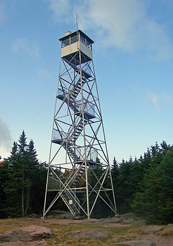 A steel frame tower on a rocky ground with a metal cab on top and stairs up the inside. Behind it are evergreen trees.