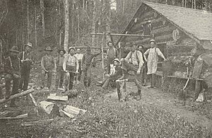 FMIB 41624 Students and Loggers in Permanent Camp on the Cornell Forest Reserve