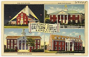 Greetings from Eastern States Exposition -- Mass. state building, Maine state building, Vermont state building, New Hampshire state building