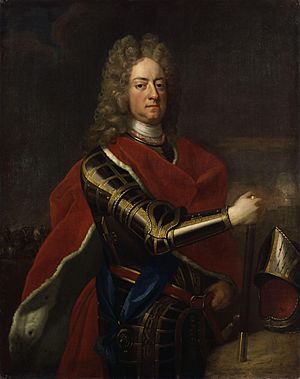Painted portrait of a clean-shaven man with long hair or a wig in full armour with a red sleeveless cloak over it holding a staff