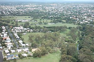 Parts of Kalinga Park (foreground), Shaw Park and Mercer Park (background) looking west from Clayfield
