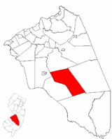 Tabernacle Township highlighted in Burlington County. Inset map: Burlington County highlighted in the State of New Jersey.