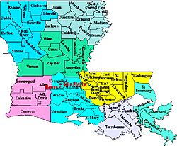 Southwest Louisiana subregion highlighted in pink.