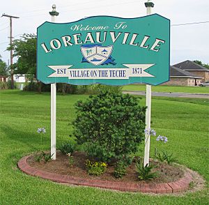 Photograph of the Loreauville sign at the North entrace to the Village of Loreauville, Louisiana, USA