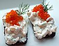 Prawns Skagen with cold-smoked salmon roe on bread