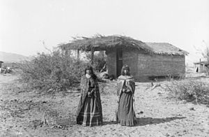 Two Mojave Indians girls standing in front of a small dwelling with a thatched roof, 1900 (CHS-1241)