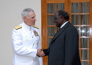 US Navy 070719-N-5783F-004 Adm. William J. Fallon, commander of U.S. Central Command, meets with Kenyan President Mwai Kibaki