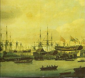 View from Dudman's Dockyard Deptford by John Cleveley, 1774