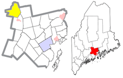 Location of Burnham (in yellow) in Waldo County and the state of Maine