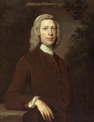 Standing painted half-lenth portrait of William Fellowes, wearing a wig and brown jacket, with right elbow on a table