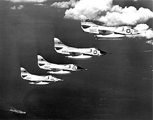 A4D-2 Skyhawks of VA-34 in flight over USS Essex (CVS-9) during the Bay of Pigs Invasion in April 1961