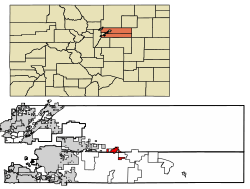 Location of the Town of Bennett in Adams and Arapahoe counties, Colorado.