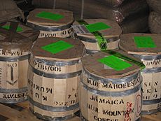 Barrels of Jamaica Blue Mountain coffee beans