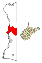 Location of Weirton in Hancock and Brooke counties, West Virginia.