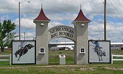 Entrance of Garfield County Frontier Fairgrounds, site of Nebraska's Big Rodeo.