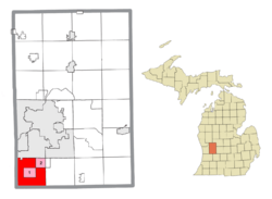 Location within Kent County and the administered CDPs of Byron Center (1) and portion of Cutlerville (2) (pink)