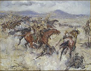 Charge of the 2nd Lancers at El Afuli - in the Valley of Armageddon, 5 am, Friday 20th September 1918 Art.IWMART2501
