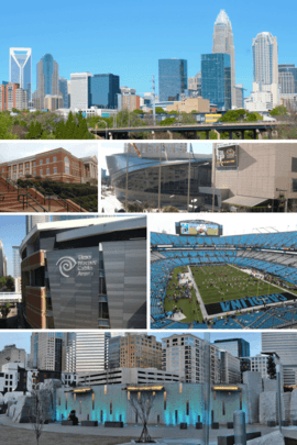 From top to bottom, left to right: Charlotte skyline, UNC Charlotte, NASCAR Hall of Fame, Spectrum Center, Bank of America Stadium, Romare Bearden Park