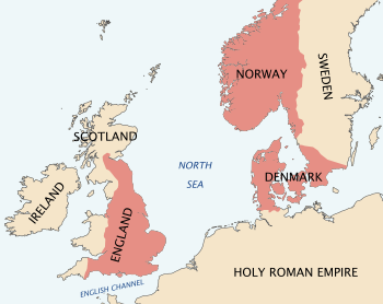 Map of northwest Europe with darkened region representing the largest extent of the North Sea Empire: includes southern Norway, Denmark (including extreme southern Sweden), most of England, and part of southern Scotland