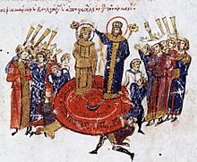 Coronation of a Byzantine co-emperor on a shield, Madrid Skylitzes