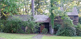 Photo of a home with unpainted redwood siding sitting among trees.