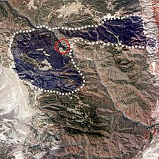 ISS image of Royal Gorge, Canon City, Colorado, USA, wildfire burn scars with markings, rotated -30 degrees and cropped, 2013