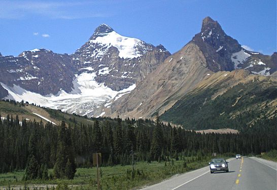 Icefields Parkway view of Mount Athabasca and Hilda Peak