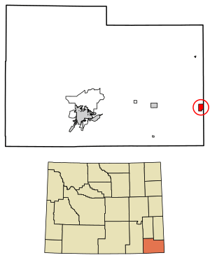 Location of Pine Bluffs in Laramie County, Wyoming.