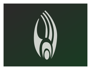 White stylized hand or claw like icon in front of a green background