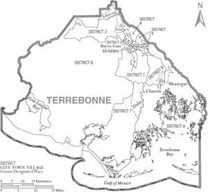 Map of Terrebonne Parish Louisiana With Municipal and District Labels
