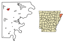 Location of Manila in Mississippi County, Arkansas.