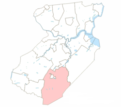 Monroe Township highlighted in Middlesex County. Inset: Location of Middlesex County highlighted in the State of New Jersey.