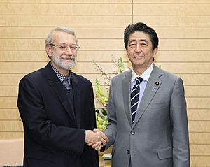 Prime Minister Shinzo Abe receiving the courtesy call from Ali Larijani, Speaker of the Parliament of the Islamic Republic of Iran (01)