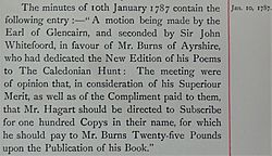 Royal Caledonian Hunt. Minutes of 10 January 1787. 100 copies of Burns's poems subscribed for