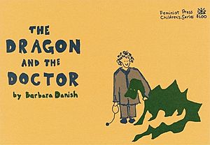 A girl stands beside a dragon on the yellowish cover of The Dragon and the Doctor by Barbara Danish.