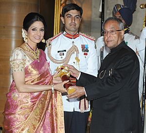 The President, Shri Pranab Mukherjee presenting the Padma Shree Award to Smt. Sridevi Kapoor, at an Investiture Ceremony, at Rashtrapati Bhavan, in New Delhi on April 05, 2013